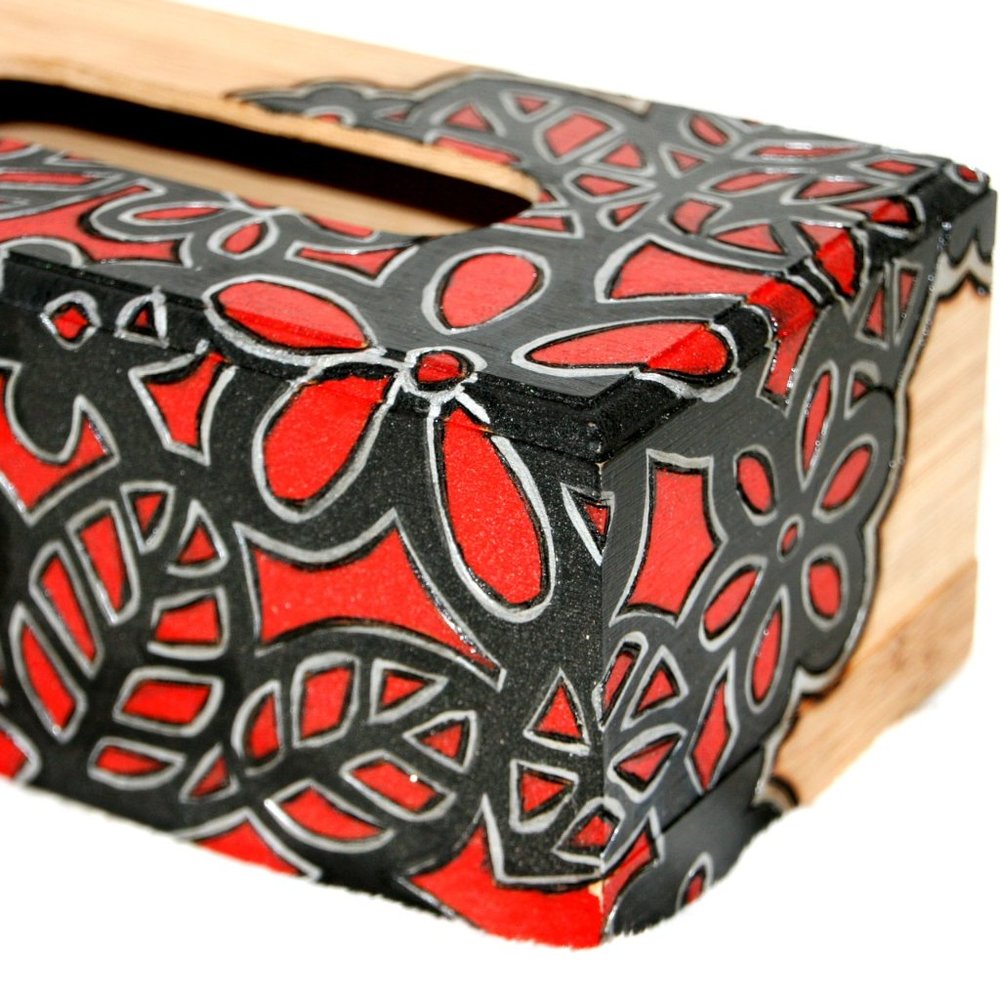 Red & Black Wood Burned Flower Kleenex Box